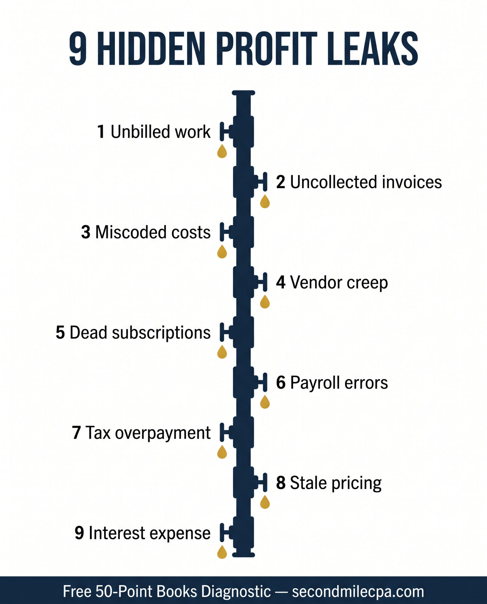 Infographic of a pipe with nine labeled leaks showing where businesses lose profit