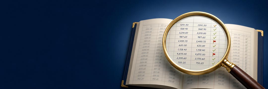 Magnifying glass revealing organized, verified entries in a business ledger