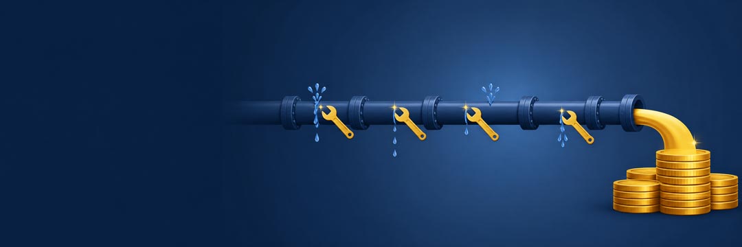 Illustration of a business climbing rising revenue stairs while profit leaks from a bucket