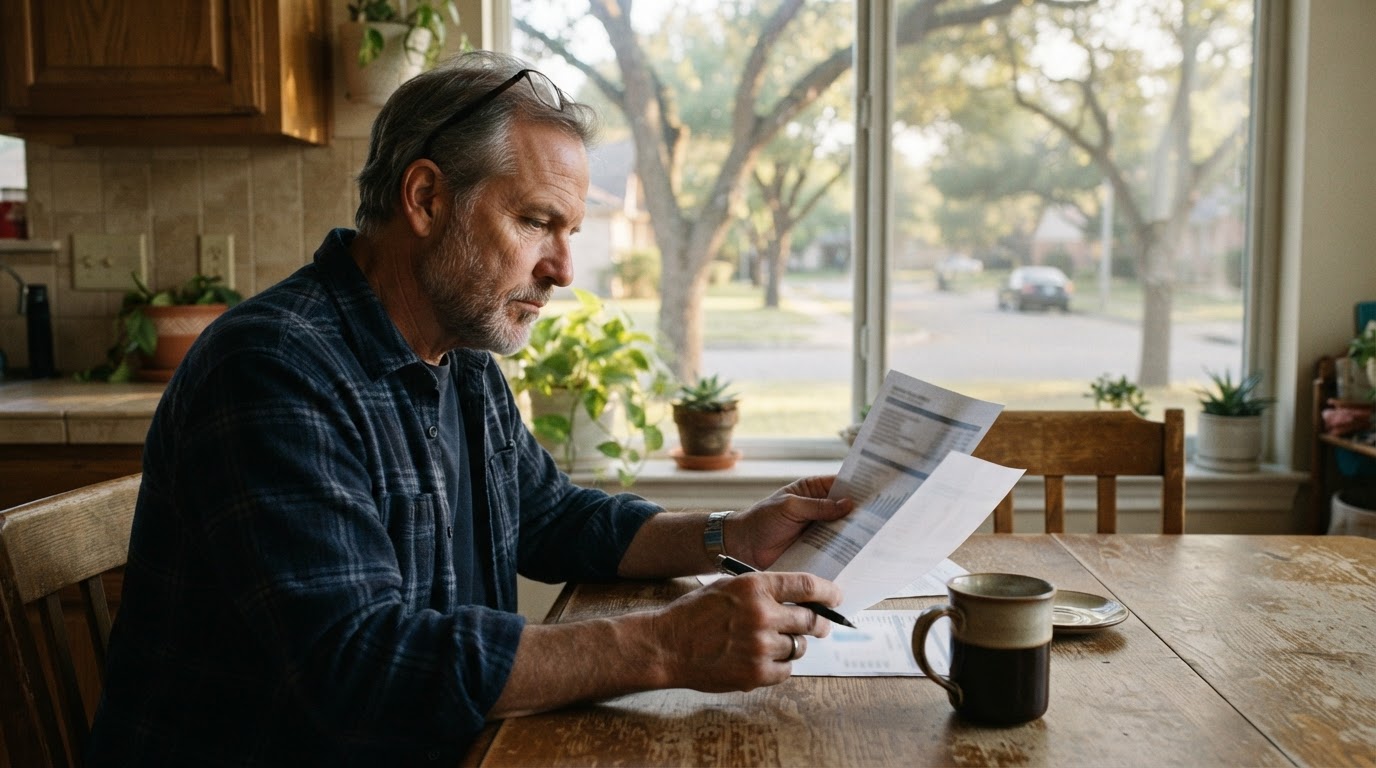 Business owner reviewing retirement plan options at his kitchen table in the morning