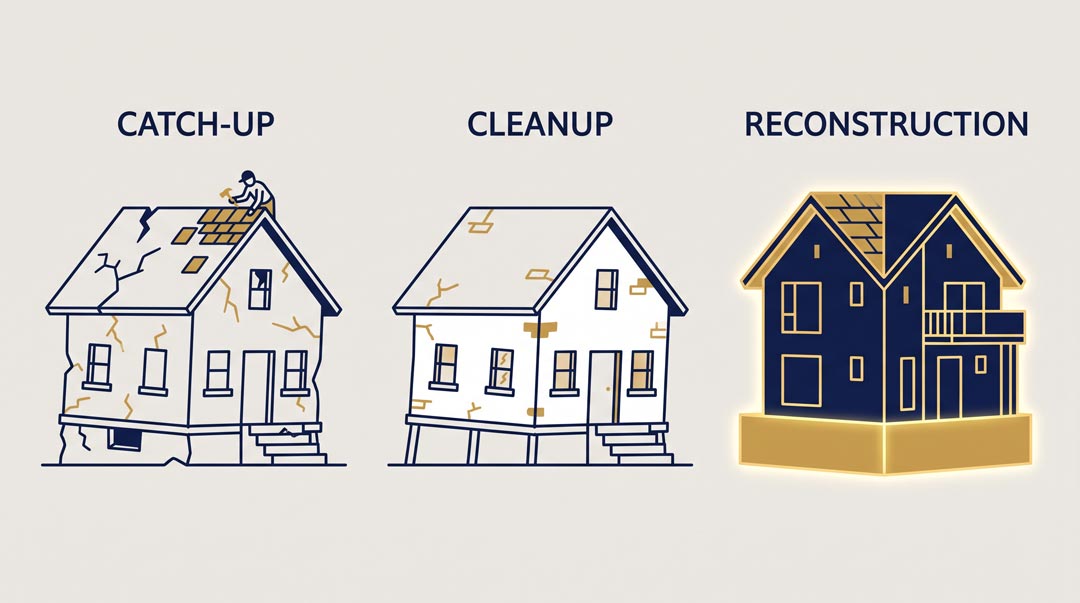 Three houses illustrating the difference between bookkeeping catch-up, cleanup, and reconstruction