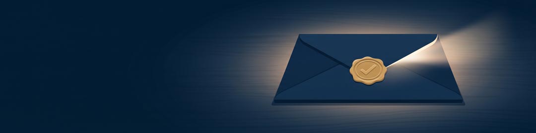 Sealed confidential envelope with a checkmark seal, glowing softly