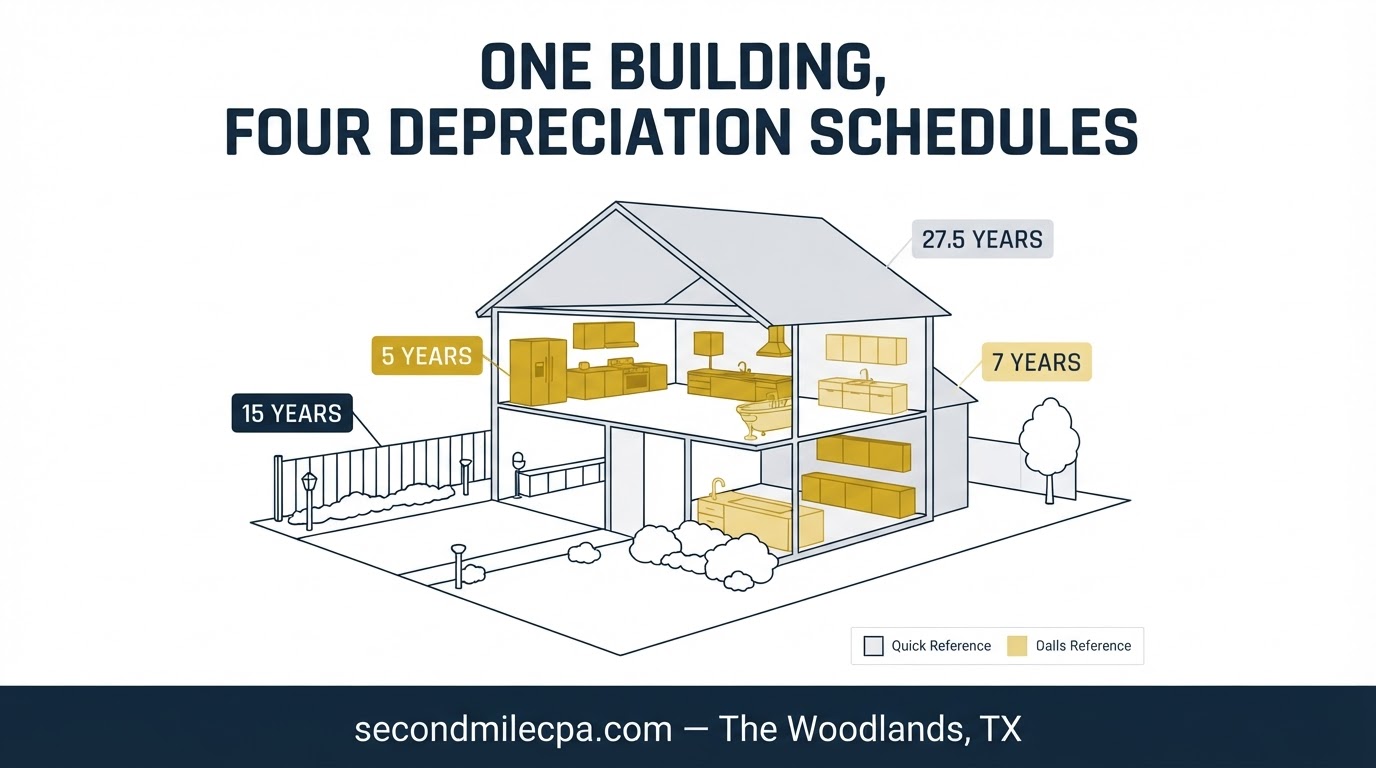 Cutaway of a rental house showing components that depreciate over 5, 7, 15, and 27.5 years