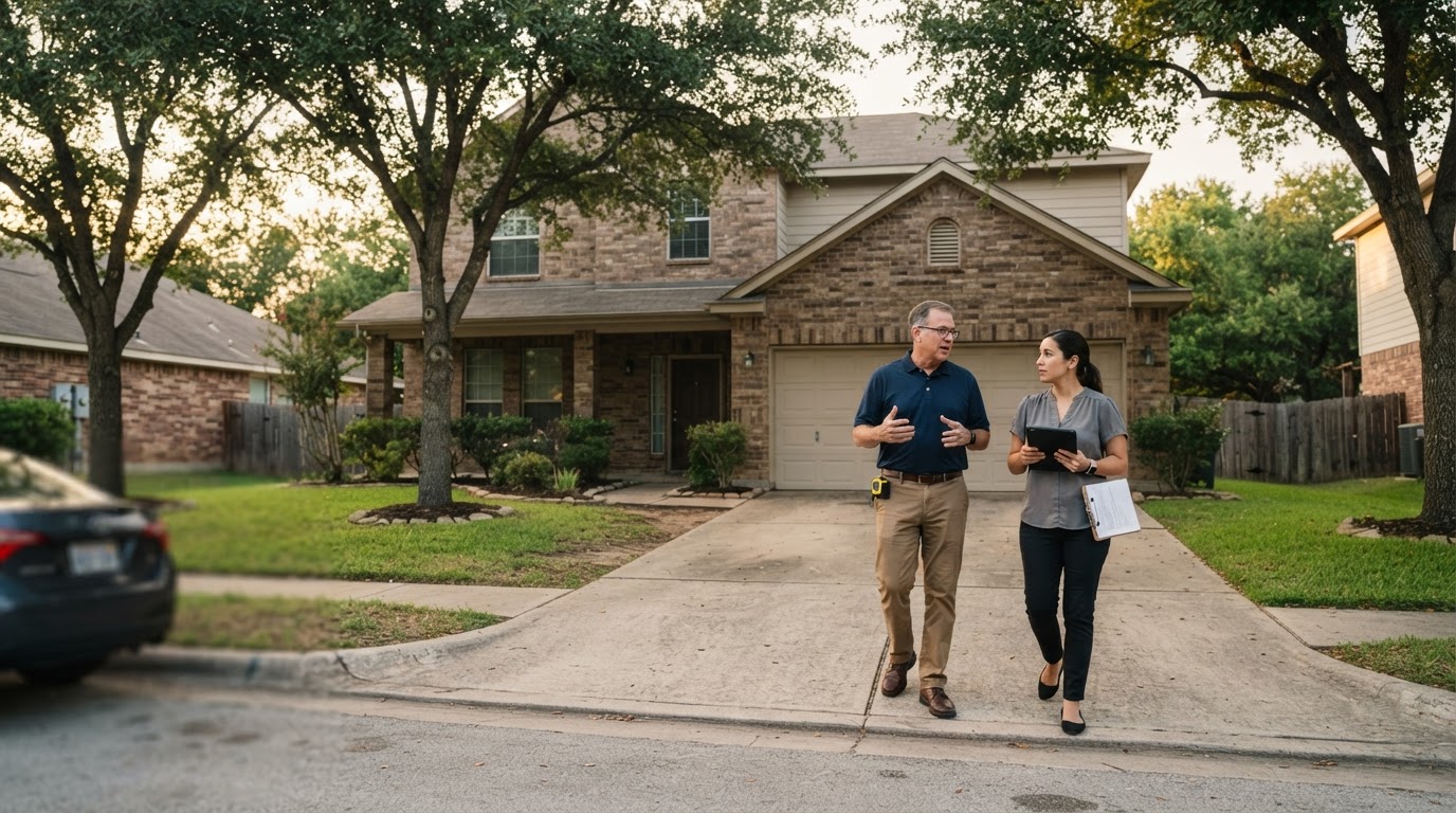 Rental property owner and advisor reviewing a house during a cost segregation walkthrough