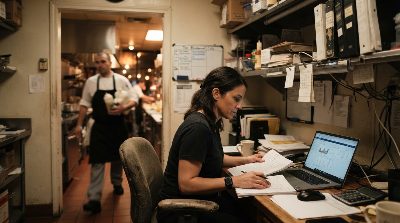 Restaurant owner reviewing payroll records for tips and overtime in the back office