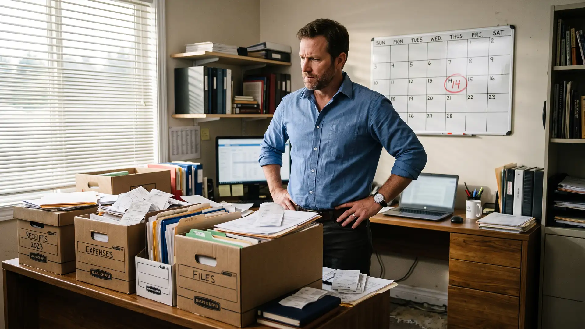 Business owner resolutely facing a backlog of unorganized financial paperwork