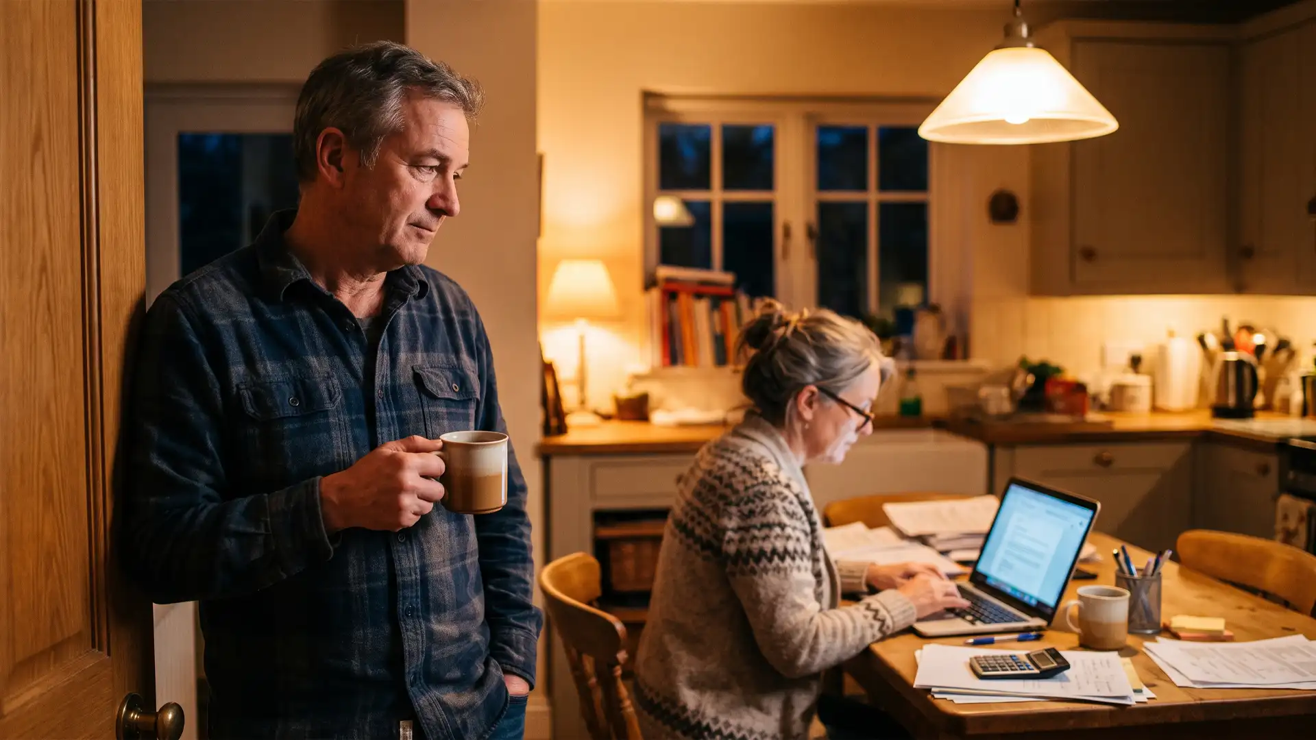 Business owner watching his wife work late on the company books at the kitchen table