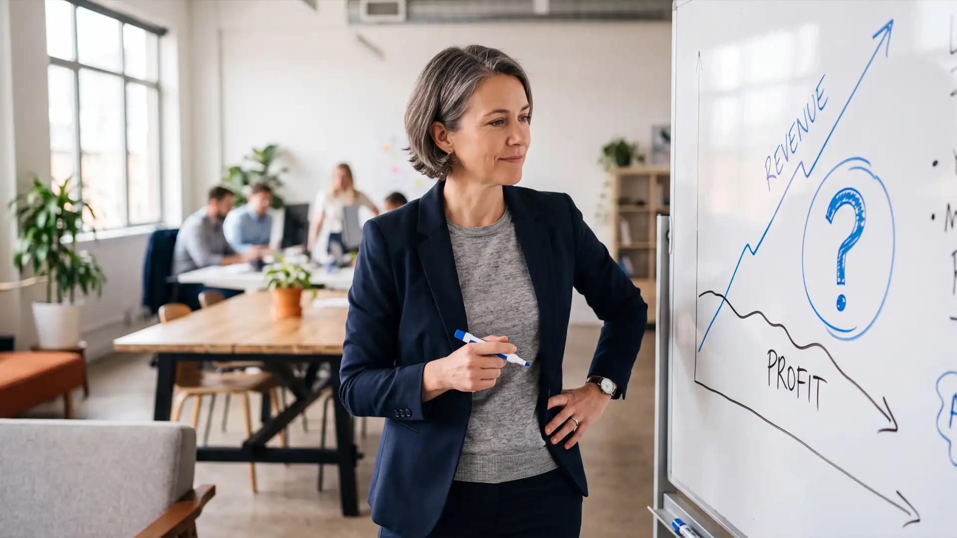 Business owner studying the growing gap between rising revenue and flat profit on a whiteboard
