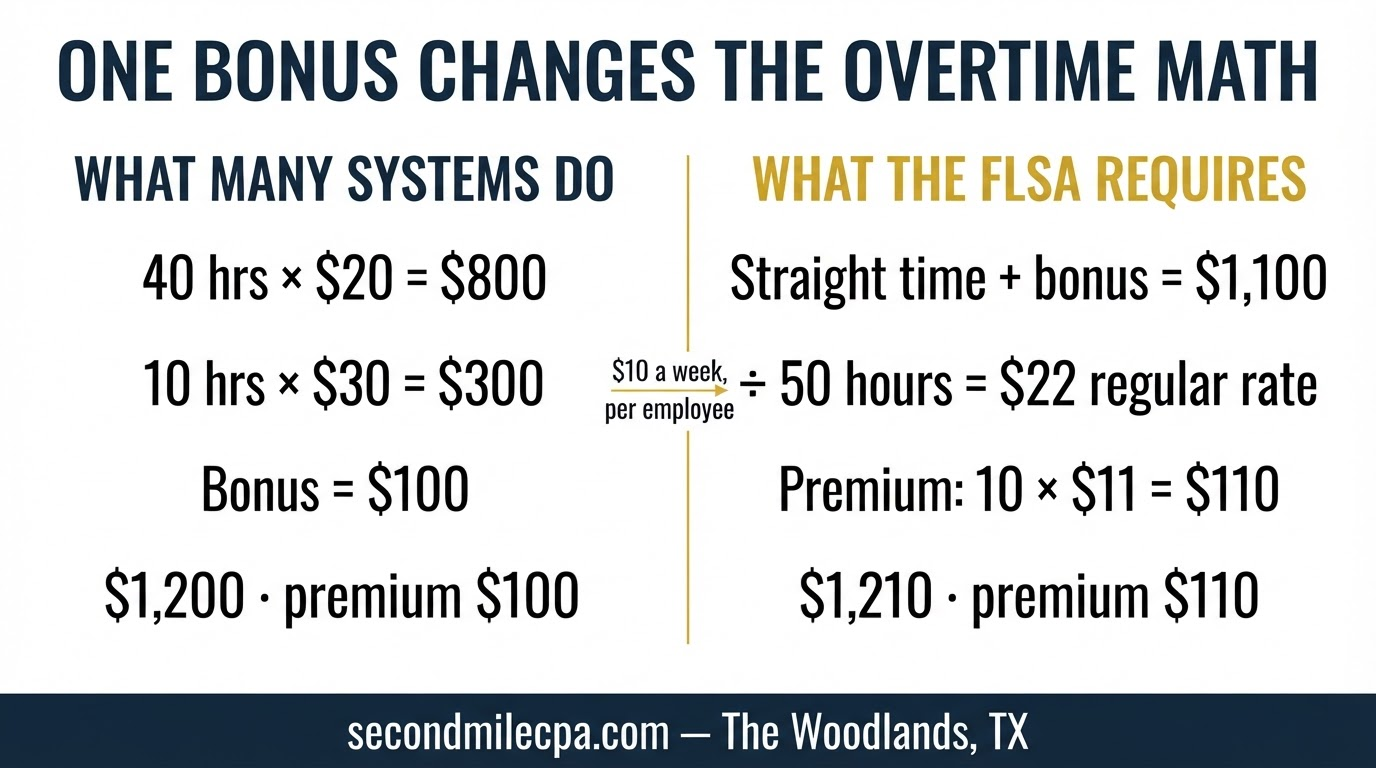 Comparison showing how a weekly bonus raises the regular rate and the overtime premium