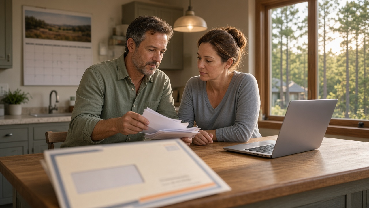 Texas homeowners reviewing their property tax statement at the kitchen island